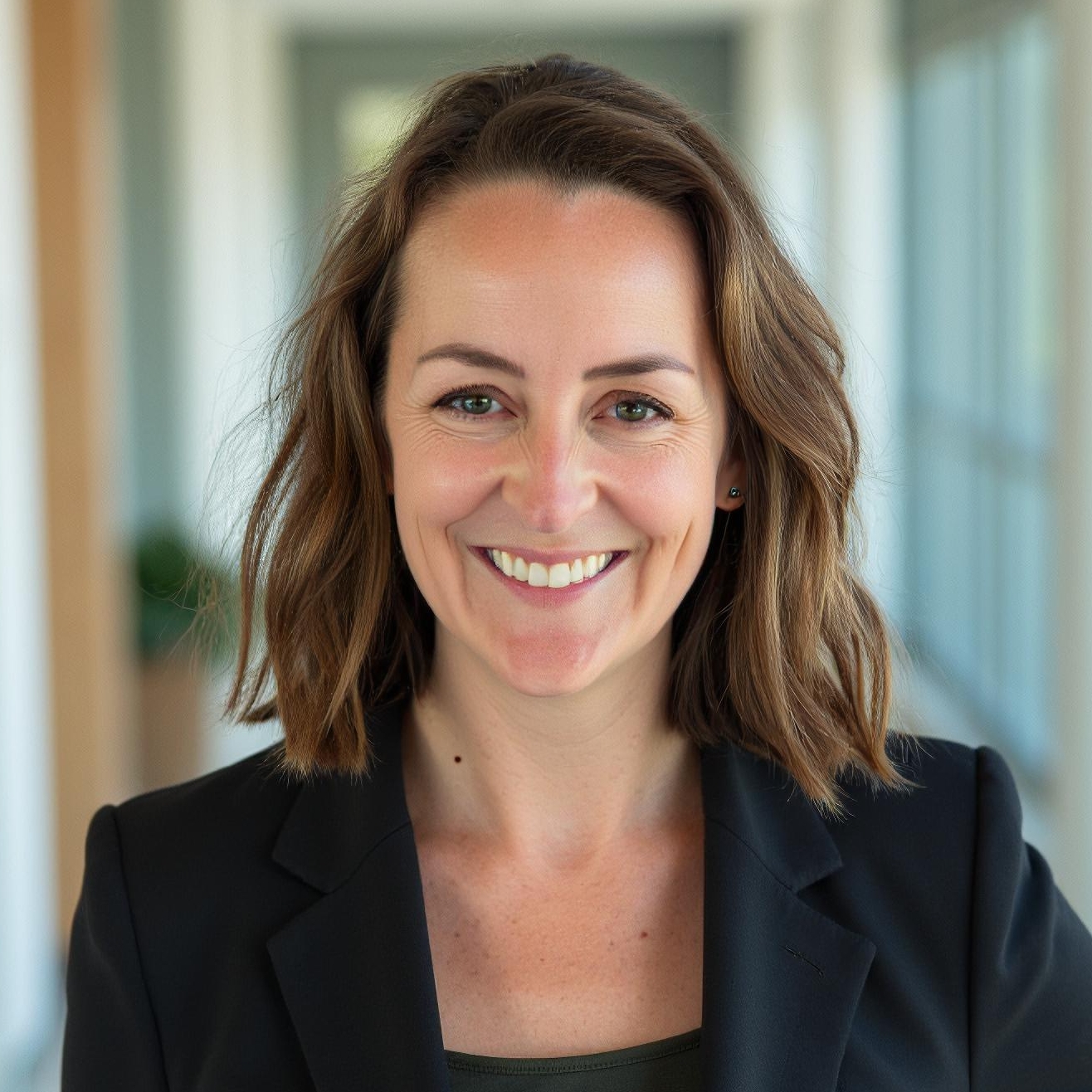White woman with brown hair smiling wearing black jacket