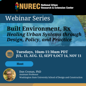 Webinar series advertisement. Shows a city landscape, with pharmacy sign and image of white man with black glasses (host of the series). "Built Environment, Rx Healing our Urban Systems through Design, Policy, and Practice"