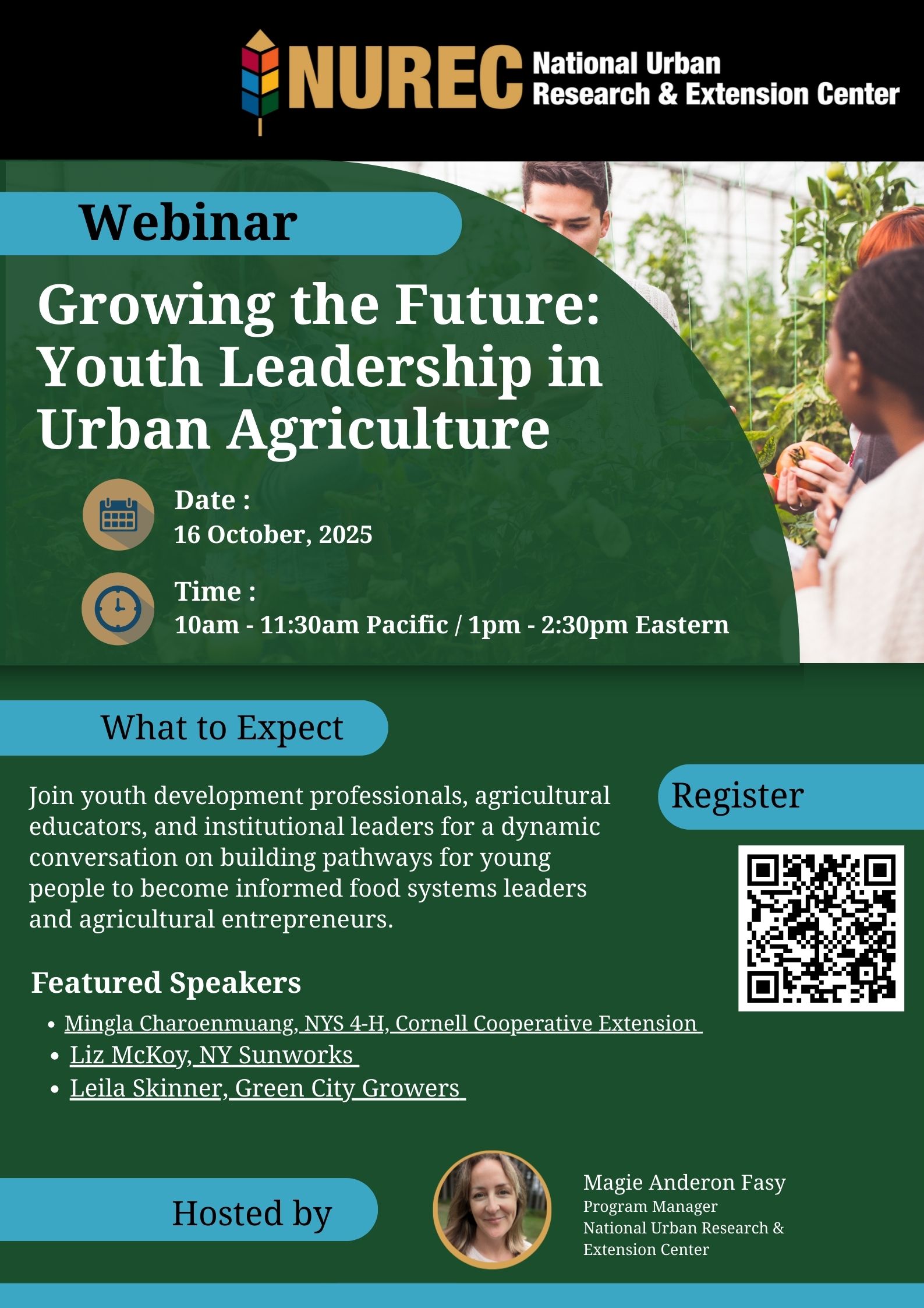 Webinar event poster titled Growing the Future: Youth Leadership in Urban Agriculture