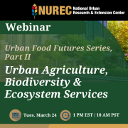Graphis with event title. Green background with white lettering "Webinar - Urban Food Futures Series, Part II. Urban Agriculture, Biodiversity, & Ecosystem Services. Tuesday March 24th 1pm EST and 10am PST