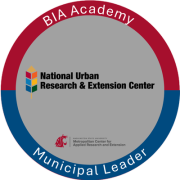 Circle logo with the words BIA Academy at the top and Municipal Leader at the bottom, Logos for NUREC and the WSU Metropolitan Center are in the middle